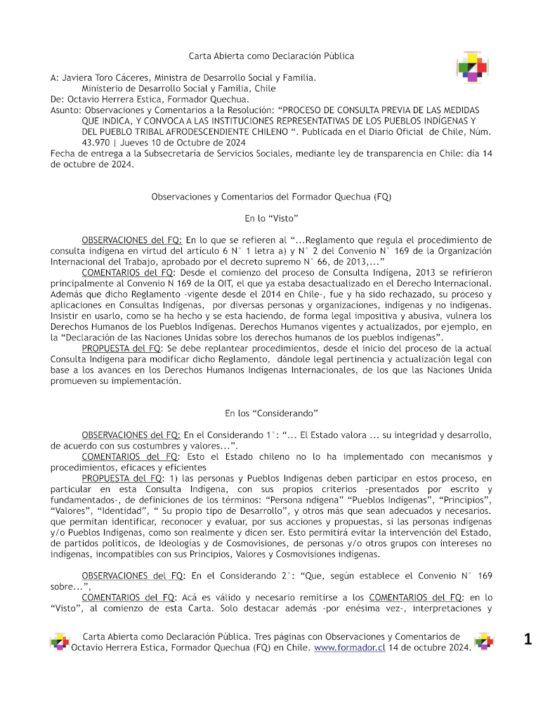 Observaciones, Propuestas y Comentarios a la Resolución que instruye un procedimiento de Consultas Indígenas previas en Chile