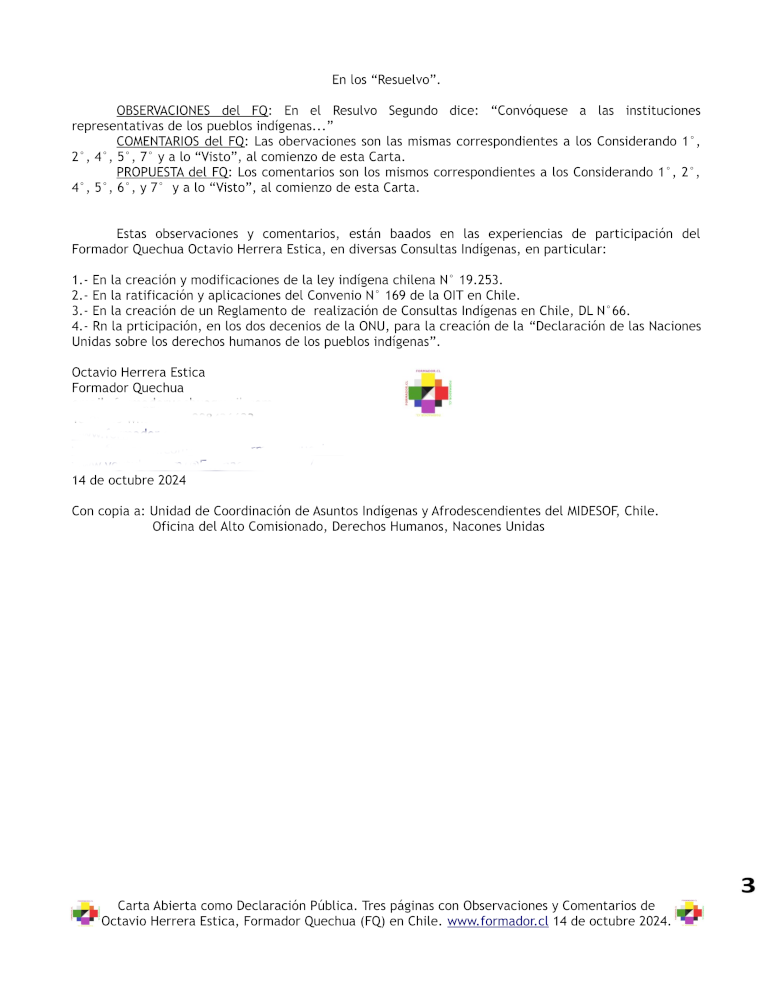 Observaciones, Propuestas y Comentarios a la Resolución que instruye un procedimiento de Consultas Indígenas previas en Chile